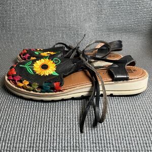 Huarache Sandals Womens 9 Black Floral Embroidered Slingback Handmade Mexican‎